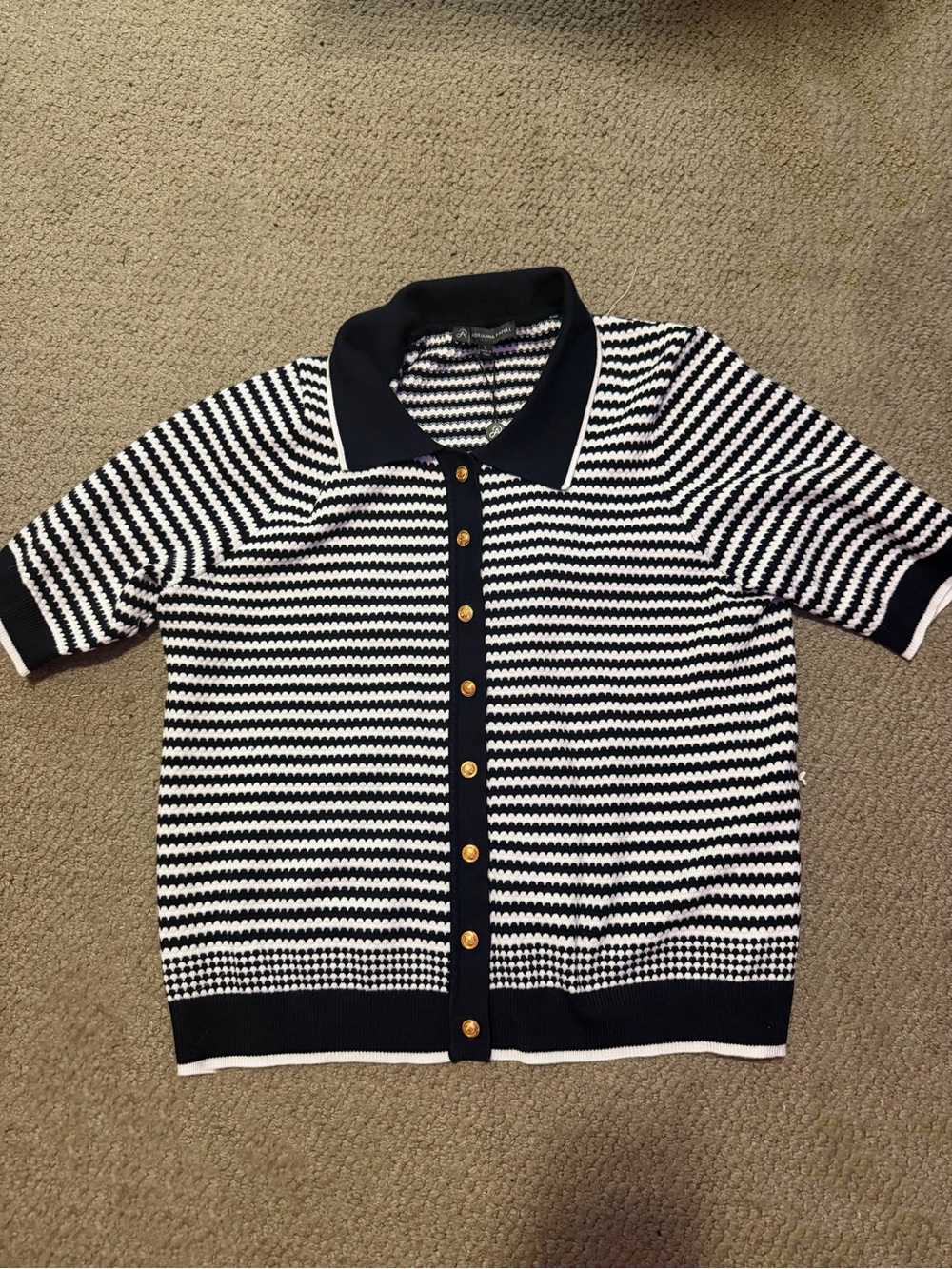 Striped Short-Sleeve Button Cardigan - Navy & White